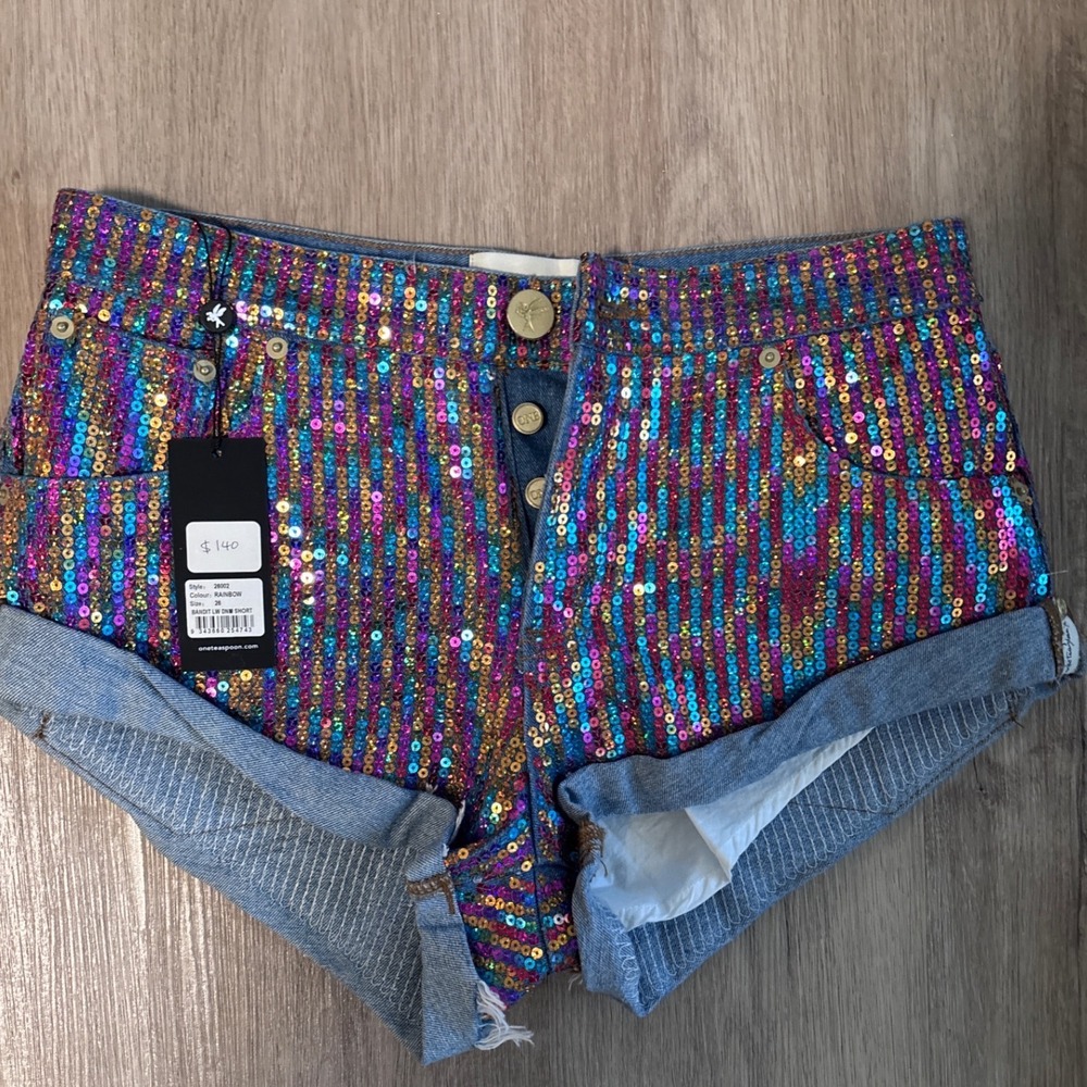 One Teaspoon Bandit Low Waist Denim Shorts Rainbow Sequin 26002 Womens Size 26 - Picture 3 of 5